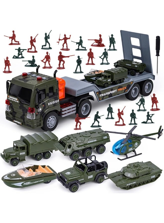 LovesTown 38PCS Military Truck Toy Set, Military Big Truck with Lights and Sounds Carrier Truck with Die-cast Military Toy Cars Tank Helicopter Toy Soldiers for Kids Birthday Present