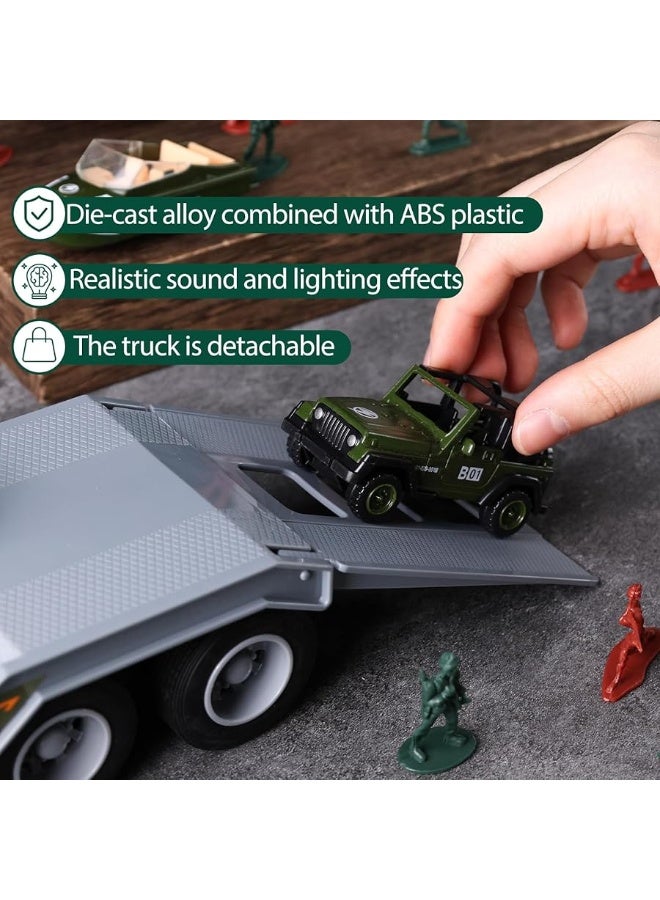 LovesTown 38PCS Military Truck Toy Set, Military Big Truck with Lights and Sounds Carrier Truck with Die-cast Military Toy Cars Tank Helicopter Toy Soldiers for Kids Birthday Present