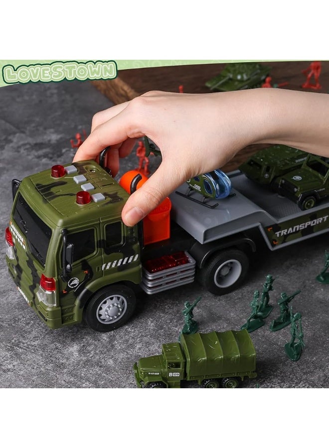 LovesTown 38PCS Military Truck Toy Set, Military Big Truck with Lights and Sounds Carrier Truck with Die-cast Military Toy Cars Tank Helicopter Toy Soldiers for Kids Birthday Present