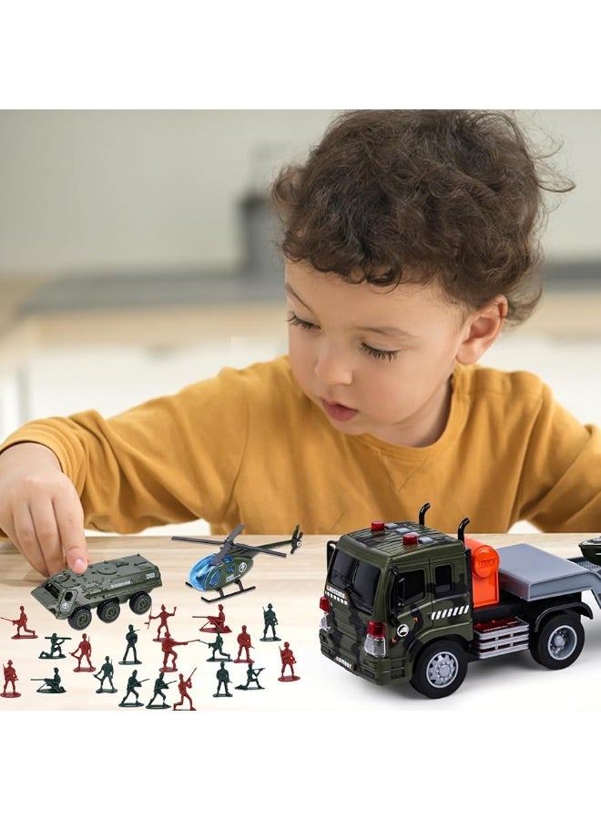 LovesTown 38PCS Military Truck Toy Set, Military Big Truck with Lights and Sounds Carrier Truck with Die-cast Military Toy Cars Tank Helicopter Toy Soldiers for Kids Birthday Present