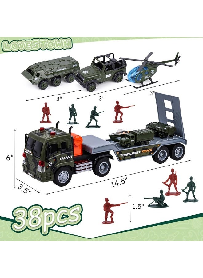 LovesTown 38PCS Military Truck Toy Set, Military Big Truck with Lights and Sounds Carrier Truck with Die-cast Military Toy Cars Tank Helicopter Toy Soldiers for Kids Birthday Present