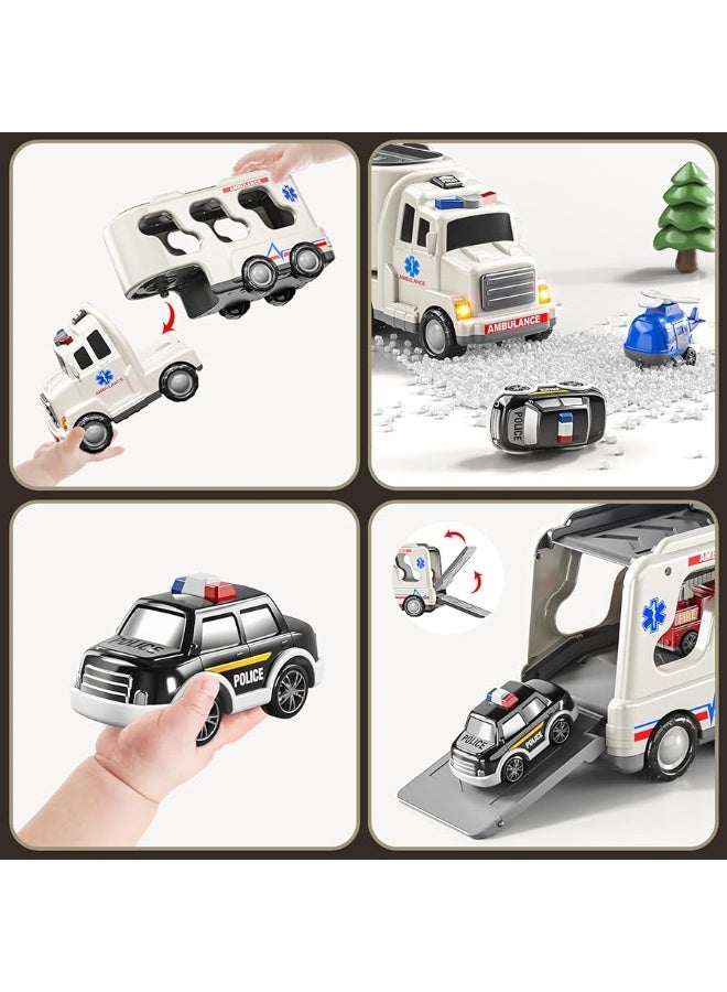 TEMI 5 Pack Emergency Rescue Vehicle Toddler Truck Toys for 3 4 5 6 Year Old Boys, Friction Power Cars with Rescue Helicopter, Police Car, Fire Truck, Ambulance Car, Birthday Gifts for Girls Age 3-9