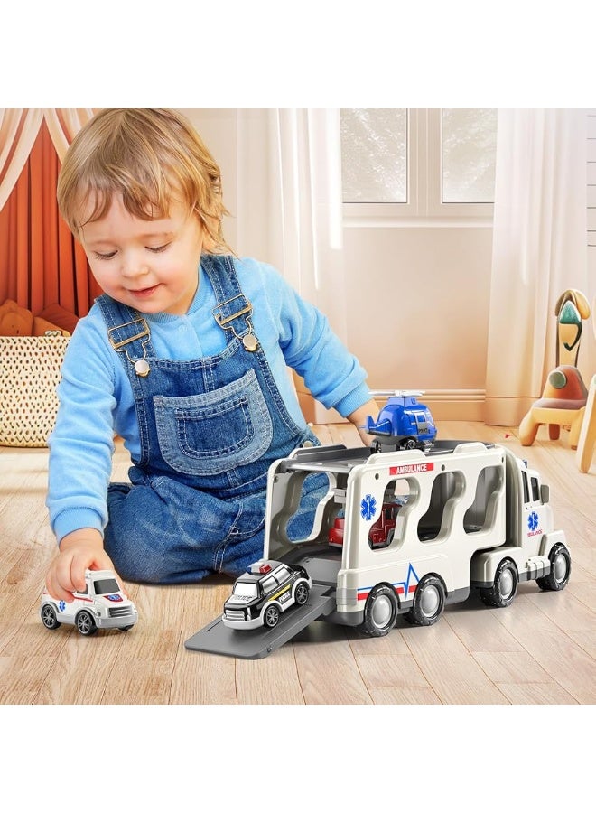 TEMI 5 Pack Emergency Rescue Vehicle Toddler Truck Toys for 3 4 5 6 Year Old Boys, Friction Power Cars with Rescue Helicopter, Police Car, Fire Truck, Ambulance Car, Birthday Gifts for Girls Age 3-9