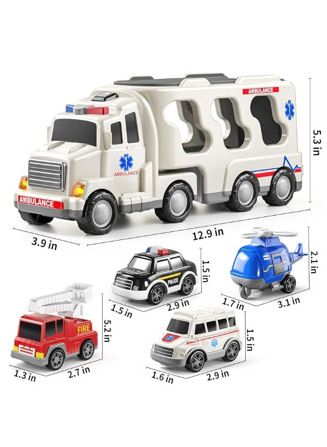 TEMI 5 Pack Emergency Rescue Vehicle Toddler Truck Toys for 3 4 5 6 Year Old Boys, Friction Power Cars with Rescue Helicopter, Police Car, Fire Truck, Ambulance Car, Birthday Gifts for Girls Age 3-9