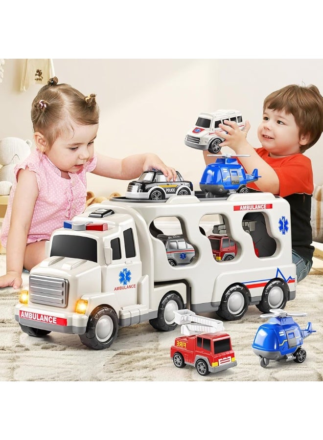 TEMI 5 Pack Emergency Rescue Vehicle Toddler Truck Toys for 3 4 5 6 Year Old Boys, Friction Power Cars with Rescue Helicopter, Police Car, Fire Truck, Ambulance Car, Birthday Gifts for Girls Age 3-9