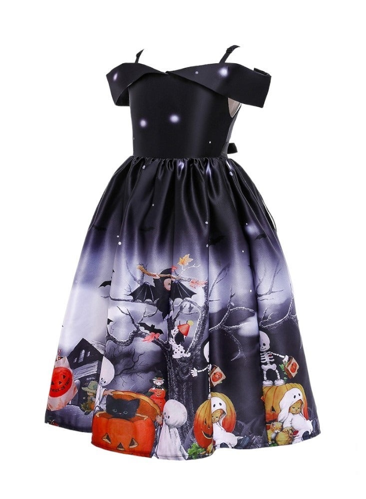 Halloween Printed Off-Shoulder Dress - Black