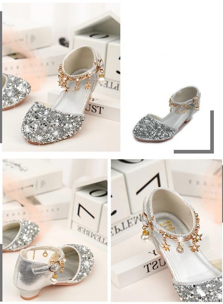 Children High Heel Princess Kids Leather Shoes Summer New Girls Sandals Flower Casual Glitter Crystal Student Party Banquet Shoe