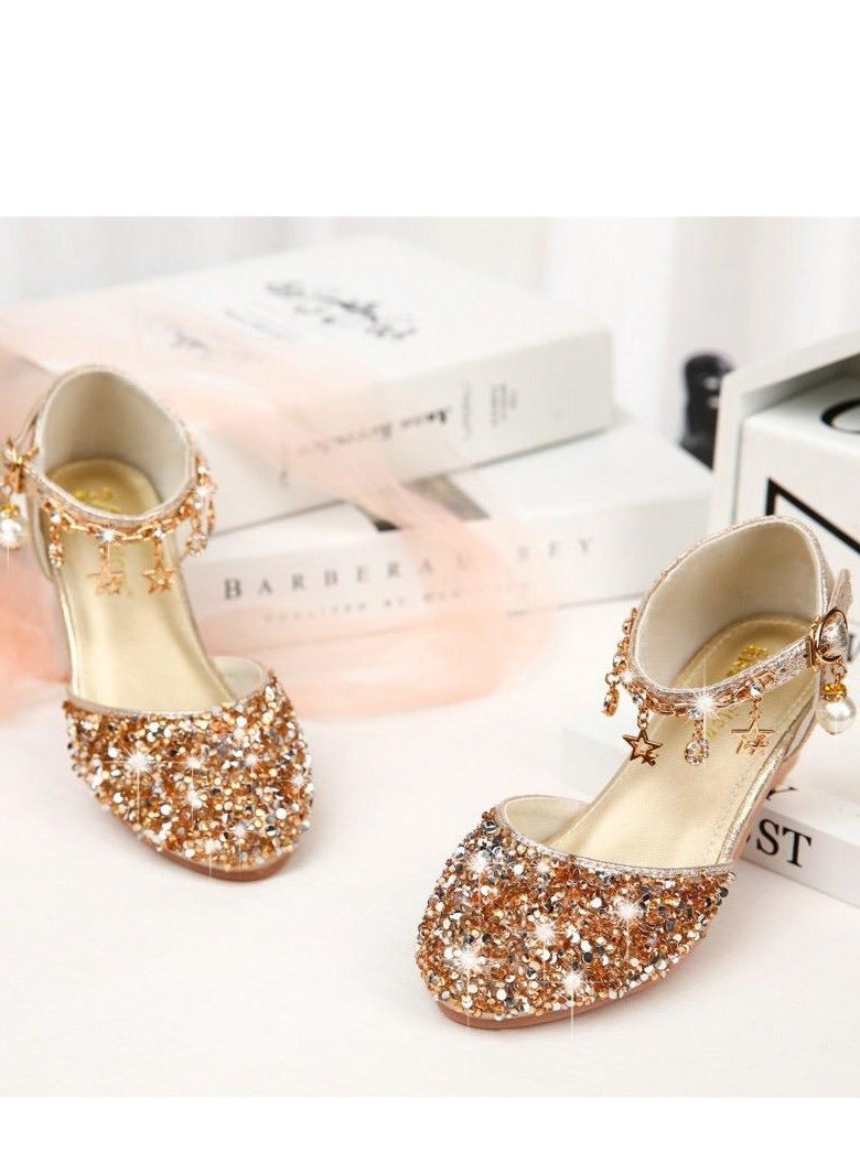 Children High Heel Princess Kids Leather Shoes Summer New Girls Sandals Flower Casual Glitter Crystal Student Party Banquet Shoe