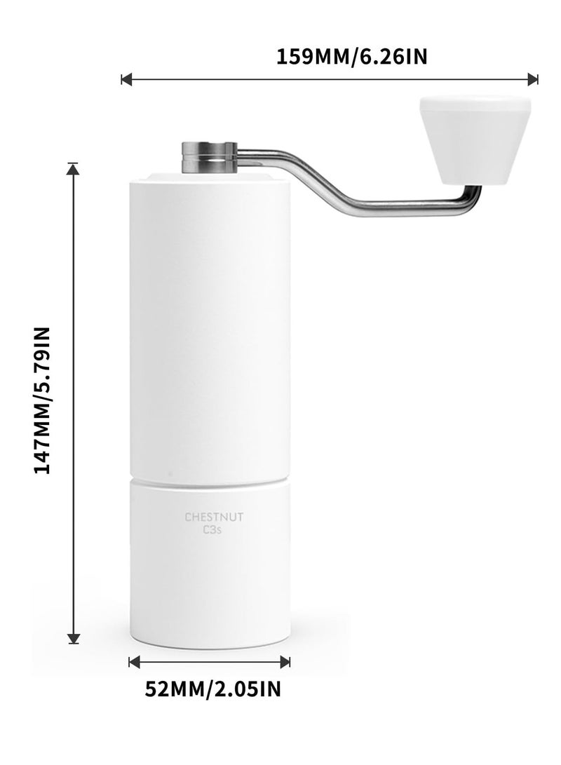 C3S Manual Coffee Grinder with CNC Stainless Steel Conical Burr Capacity 25g, Internal Adjustable Setting, Double Bearing Positioning for Travel, Camping, Gift Chestnut (White)