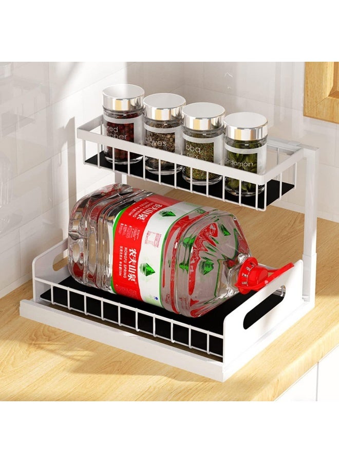 2 Tier Kitchen Storage Shelves, Under Sink Organizers and Storage, Pull Out Drawers Sliding Shelf Bathroom Countertop Organizer Rack L-Shaped