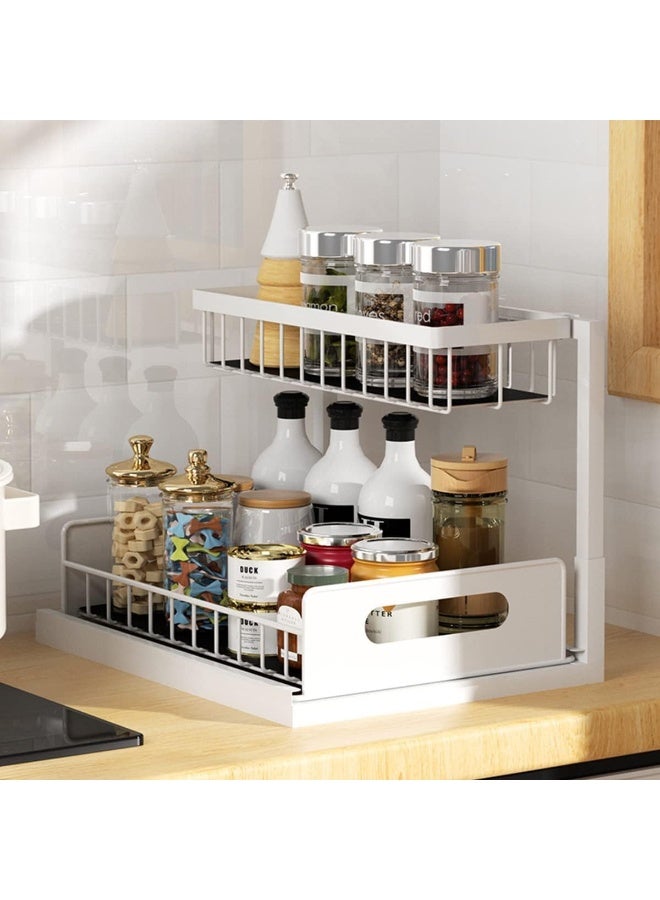 2 Tier Kitchen Storage Shelves, Under Sink Organizers and Storage, Pull Out Drawers Sliding Shelf Bathroom Countertop Organizer Rack L-Shaped