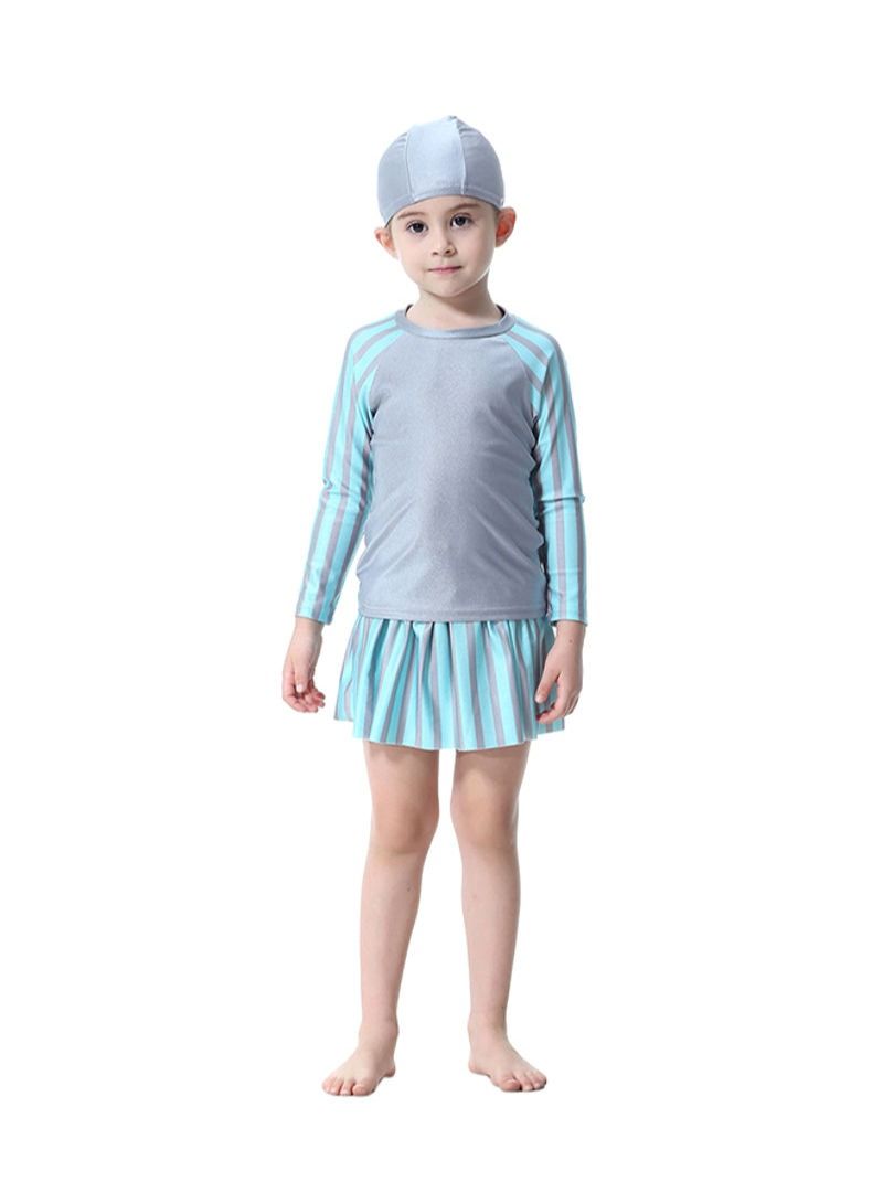 Long Sleeve Strip Pattern Burkini Grey/Sky Blue