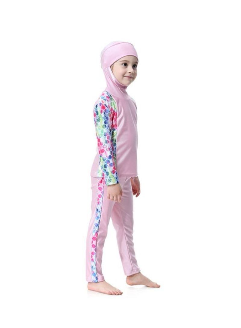 2-Piece Long Sleeve Hooded Burkini Pink/White/Blue