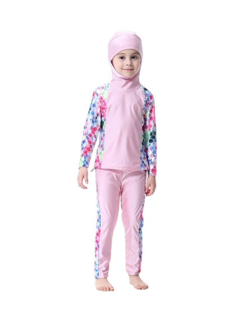 2-Piece Long Sleeve Hooded Burkini Pink/White/Blue