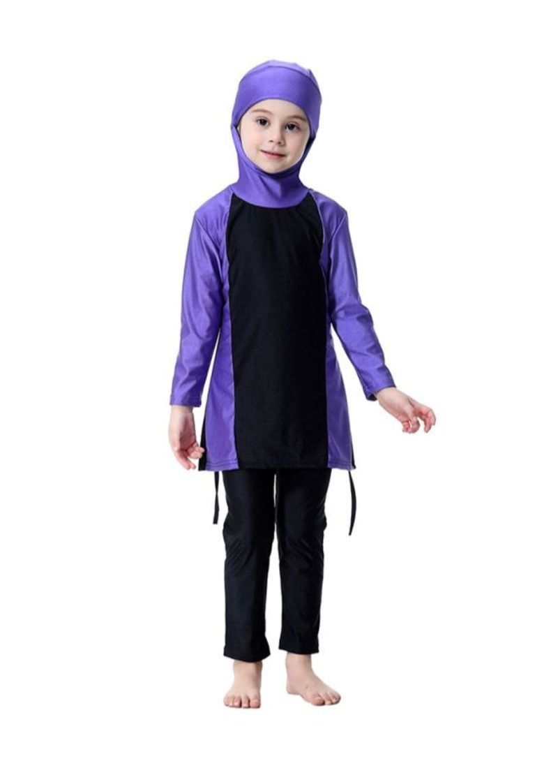 2-Piece Long Sleeve Hooded Burkini Purple/Black