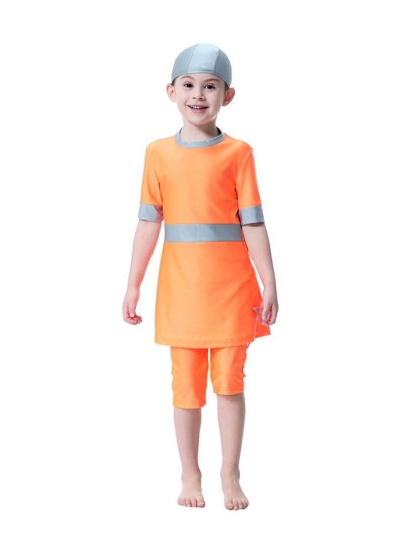 3-Piece Short Sleeve Round Neck Burkini Orange/Grey