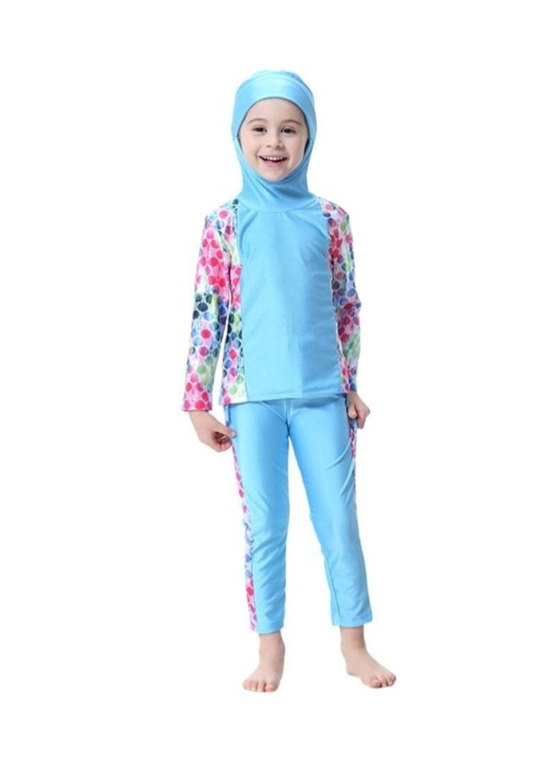 2-Piece Long Sleeve Hooded Burkini Blue/Pink/Green