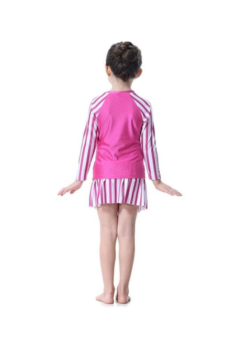 3-Piece Long Sleeve Strip Pattern Burkini Pink/White