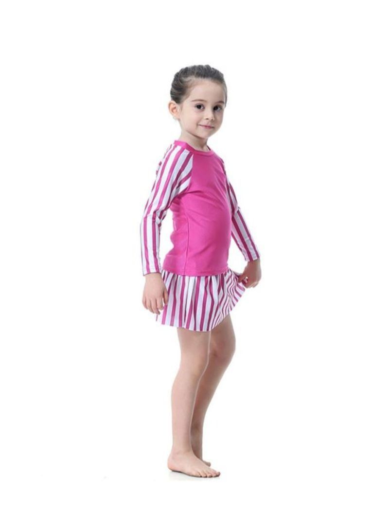 3-Piece Long Sleeve Strip Pattern Burkini Pink/White