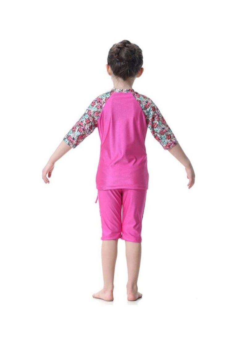 3-Piece Short Sleeve Flower Pattern Burkini Pink/Green/Red