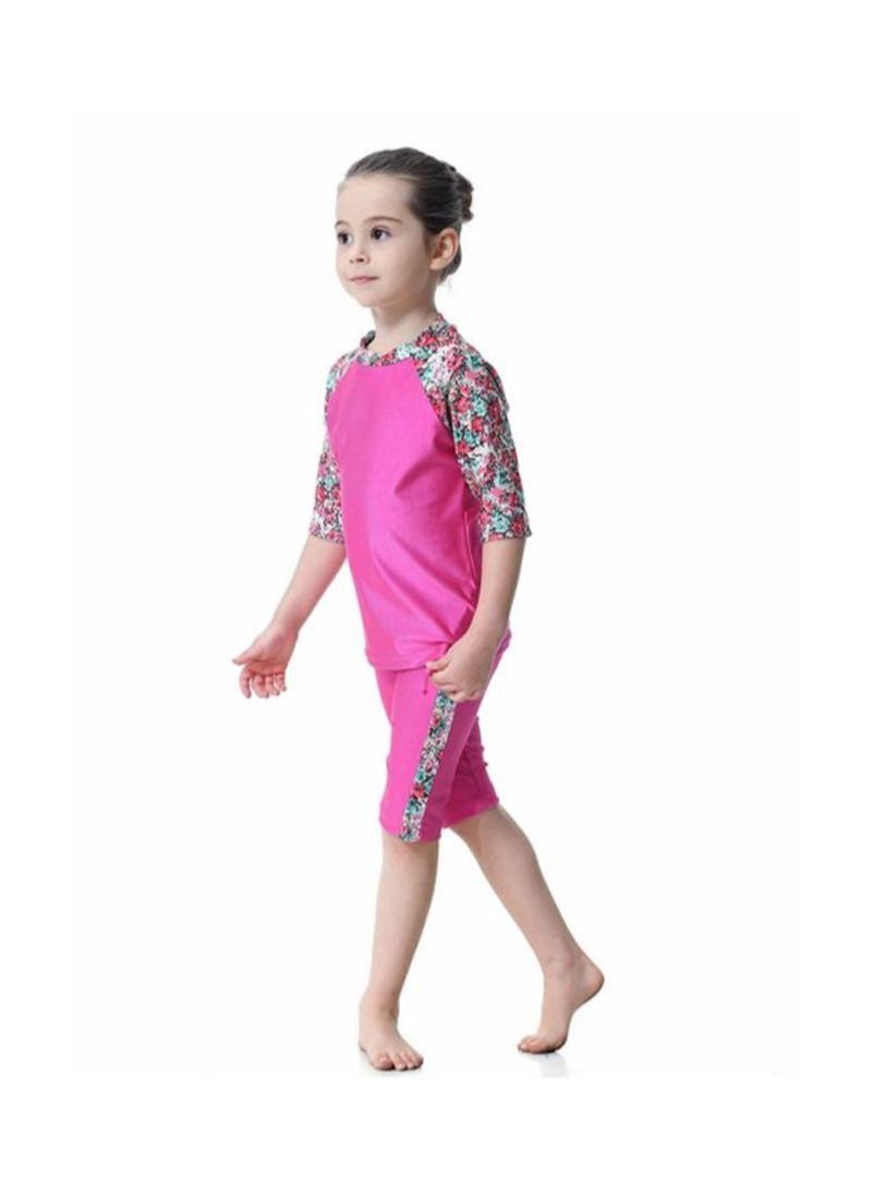 3-Piece Short Sleeve Flower Pattern Burkini Pink/Green/Red