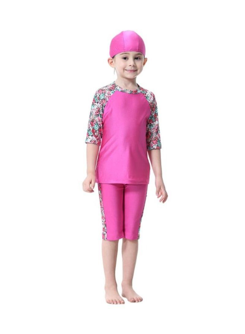 3-Piece Short Sleeve Flower Pattern Burkini Pink/Green/Red