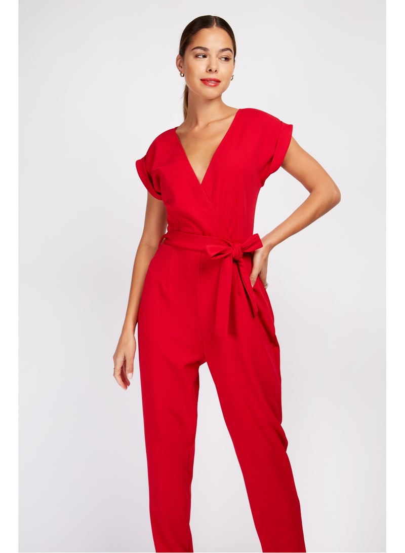 Little Mistress Red Stretch Crepe Jumpsuit