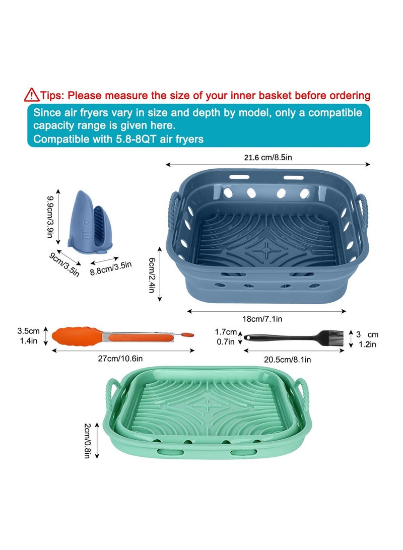 2-Pack Reusable Silicone Air Fryer Liners, Kitchen Kit, Foldable 8.5 Inch, Heat Resistant with Tongs, Brush, Mitts, Muffin Cups (Blue & Green & Orange)