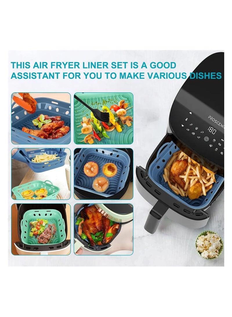 2-Pack Reusable Silicone Air Fryer Liners, Kitchen Kit, Foldable 8.5 Inch, Heat Resistant with Tongs, Brush, Mitts, Muffin Cups (Blue & Green & Orange)