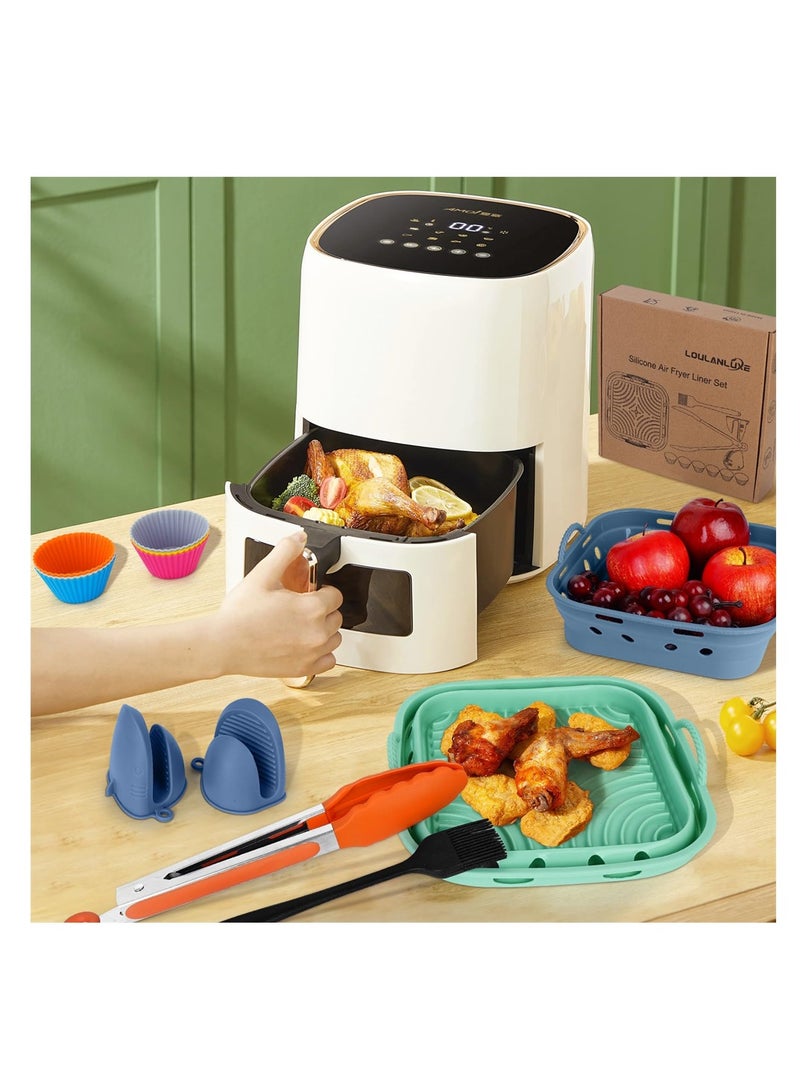 2-Pack Reusable Silicone Air Fryer Liners, Kitchen Kit, Foldable 8.5 Inch, Heat Resistant with Tongs, Brush, Mitts, Muffin Cups (Blue & Green & Orange)
