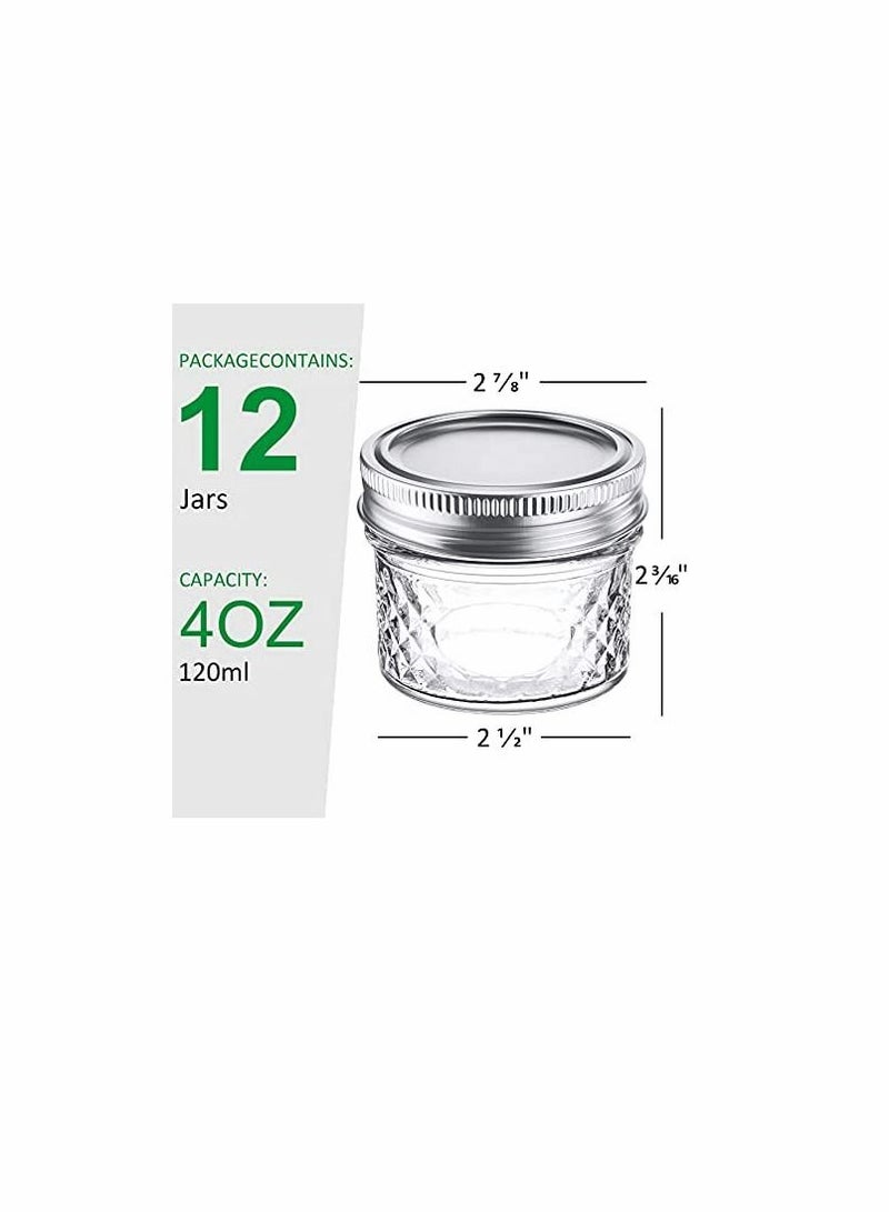 4 Oz Mason Jars Glass Mini Canning Jelly Jars with Airtight Regular Mouth Lids & Band, Quilted Crystal Jars for Jams, Spice, Food Storage, Wedding/Shower Favors, Preserves, Drinking-12 Pack