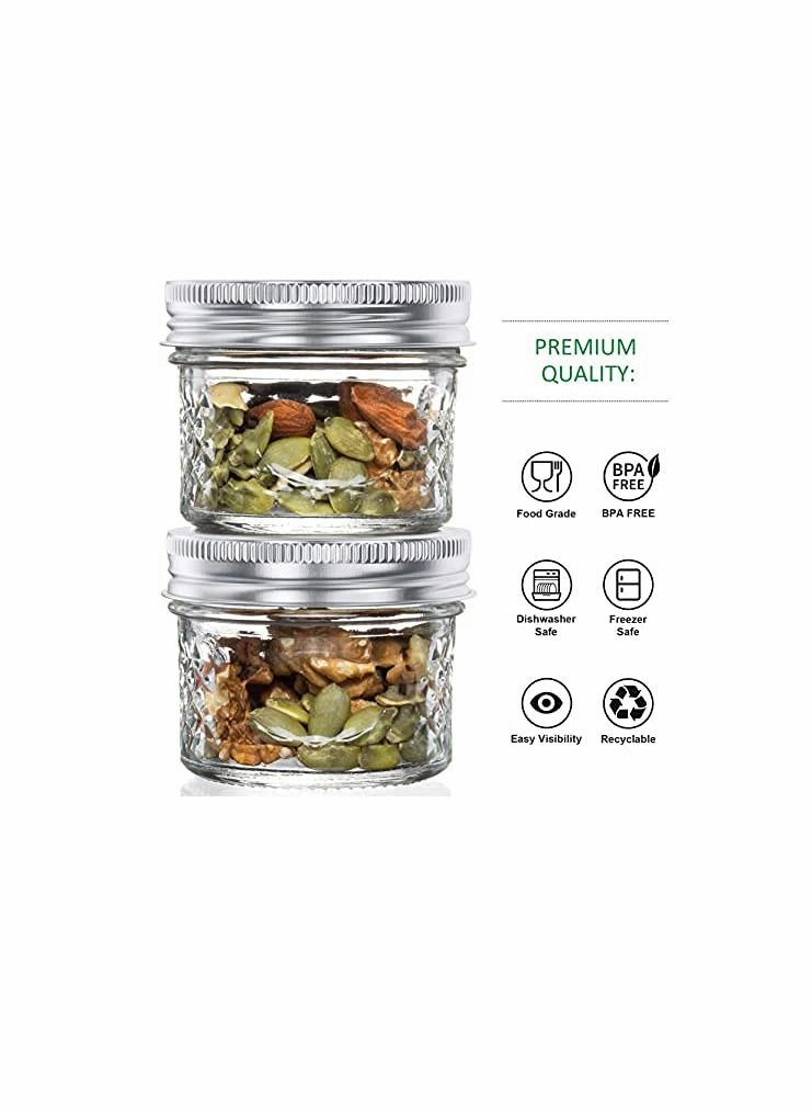 4 Oz Mason Jars Glass Mini Canning Jelly Jars with Airtight Regular Mouth Lids & Band, Quilted Crystal Jars for Jams, Spice, Food Storage, Wedding/Shower Favors, Preserves, Drinking-12 Pack