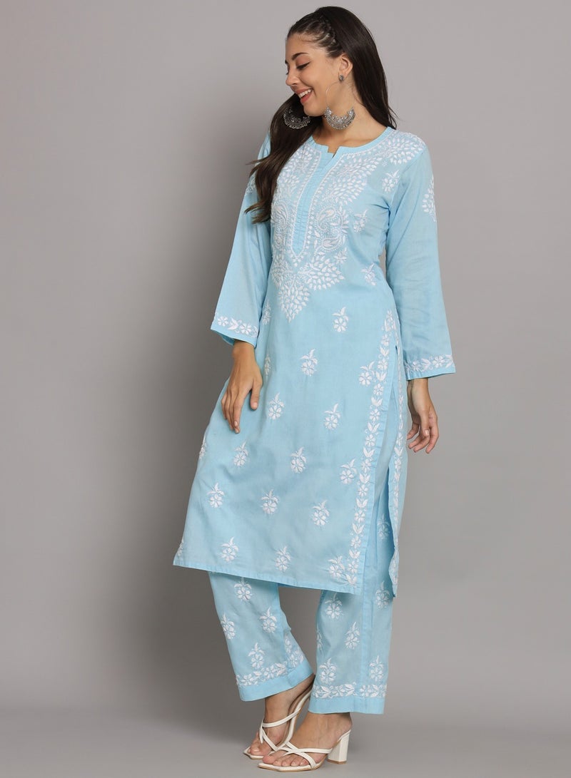 Women Hand Embroidered Chikankari Cotton Kurta Set-AL3674KS