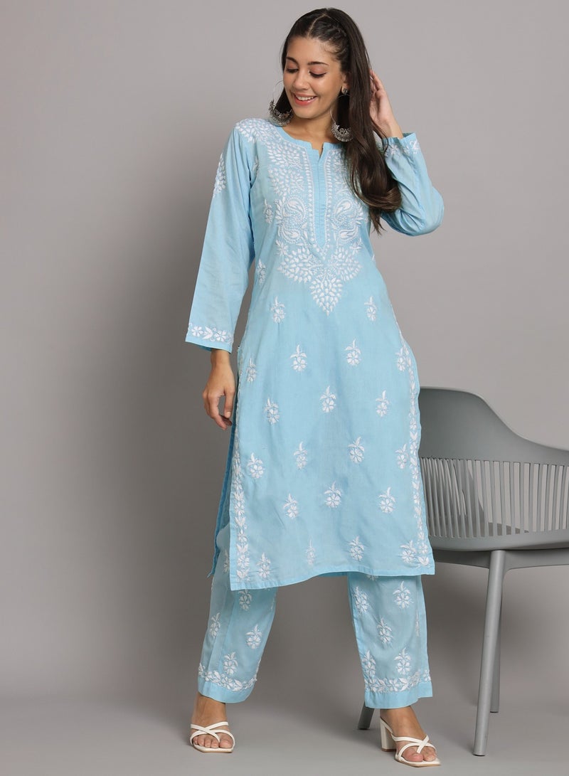 Women Hand Embroidered Chikankari Cotton Kurta Set-AL3674KS