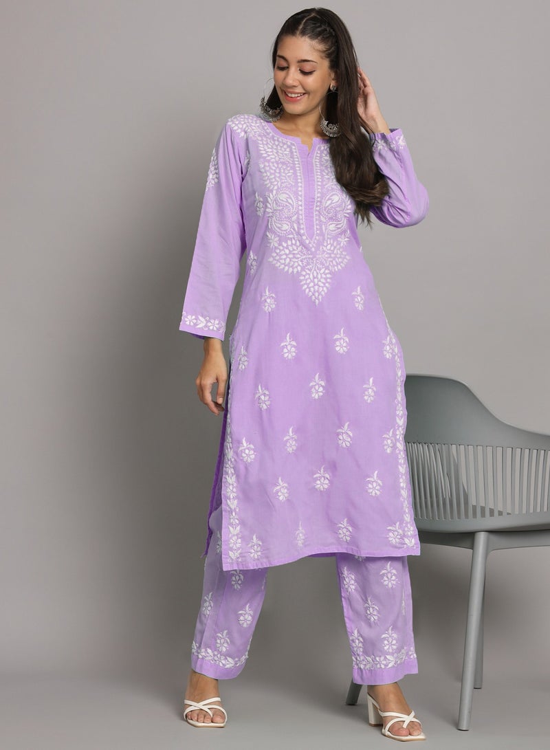 Women Hand Embroidered Chikankari Cotton Kurta Set-AL3674KS