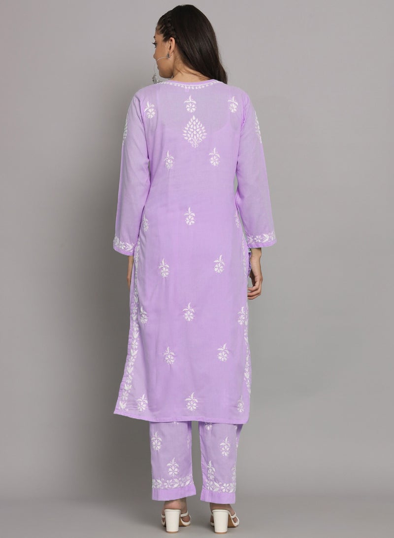 Women Hand Embroidered Chikankari Cotton Kurta Set-AL3674KS