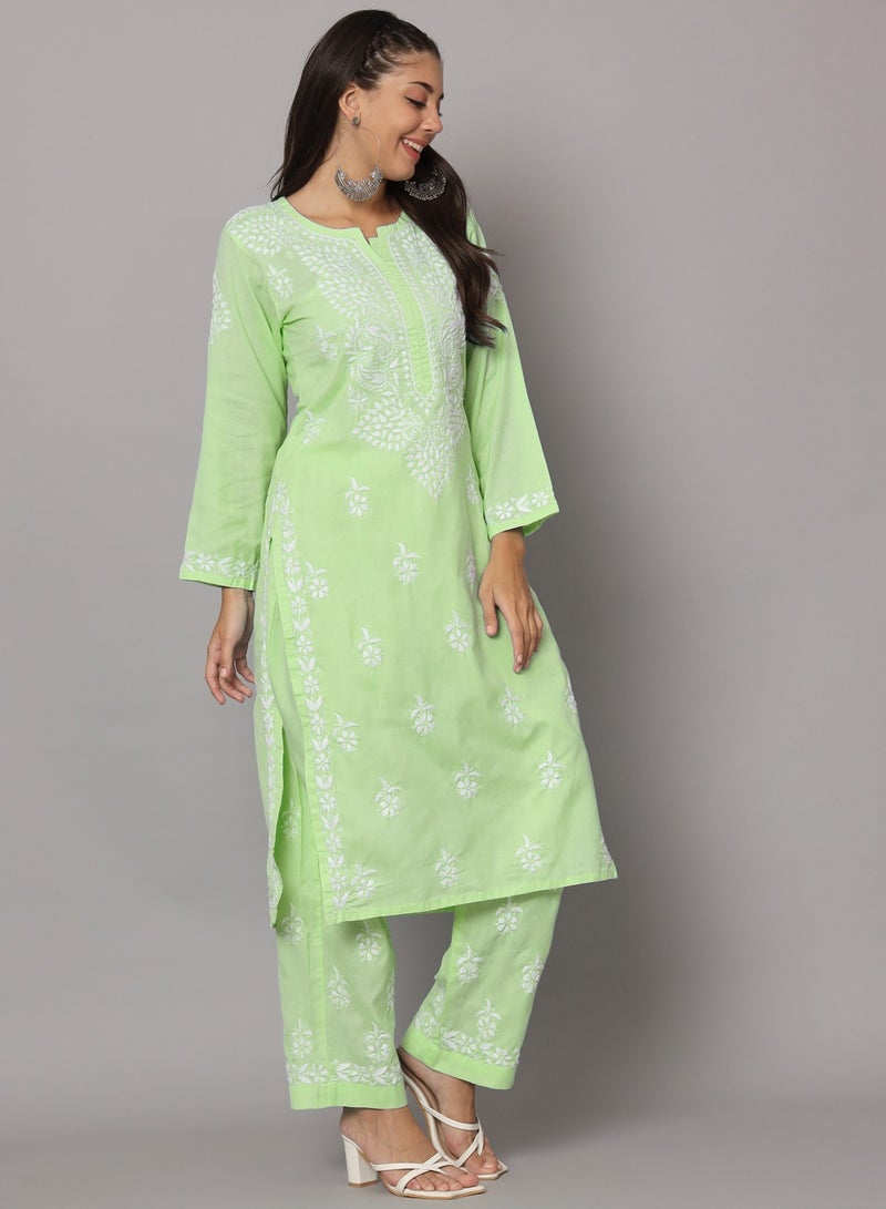 Women Hand Embroidered Chikankari Cotton Kurta Set-AL3674KS