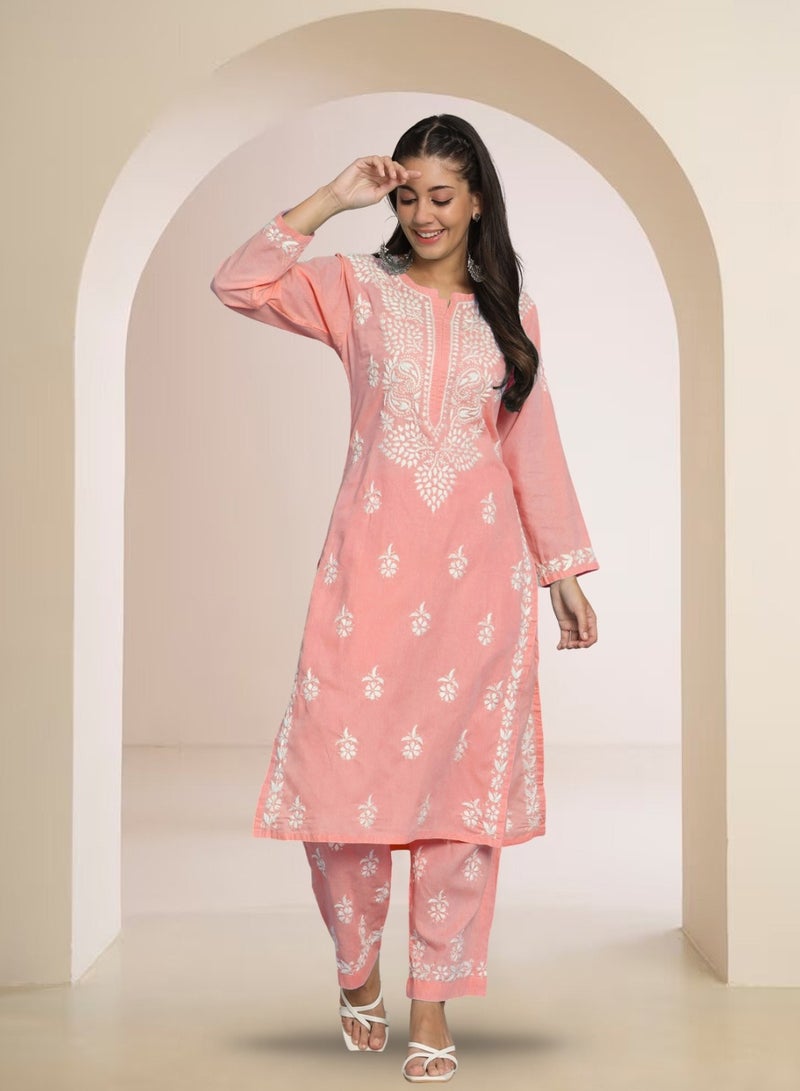 Women Hand Embroidered Chikankari Cotton Kurta Set-AL3674KS