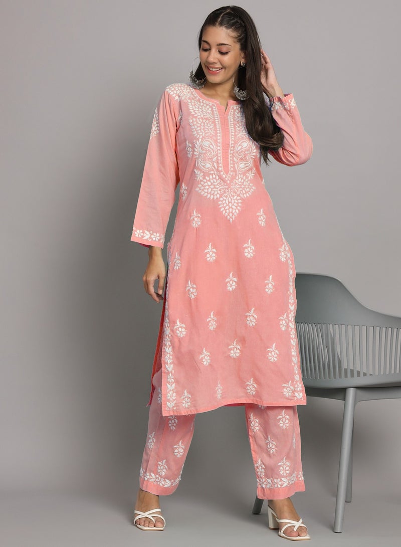 Women Hand Embroidered Chikankari Cotton Kurta Set-AL3674KS