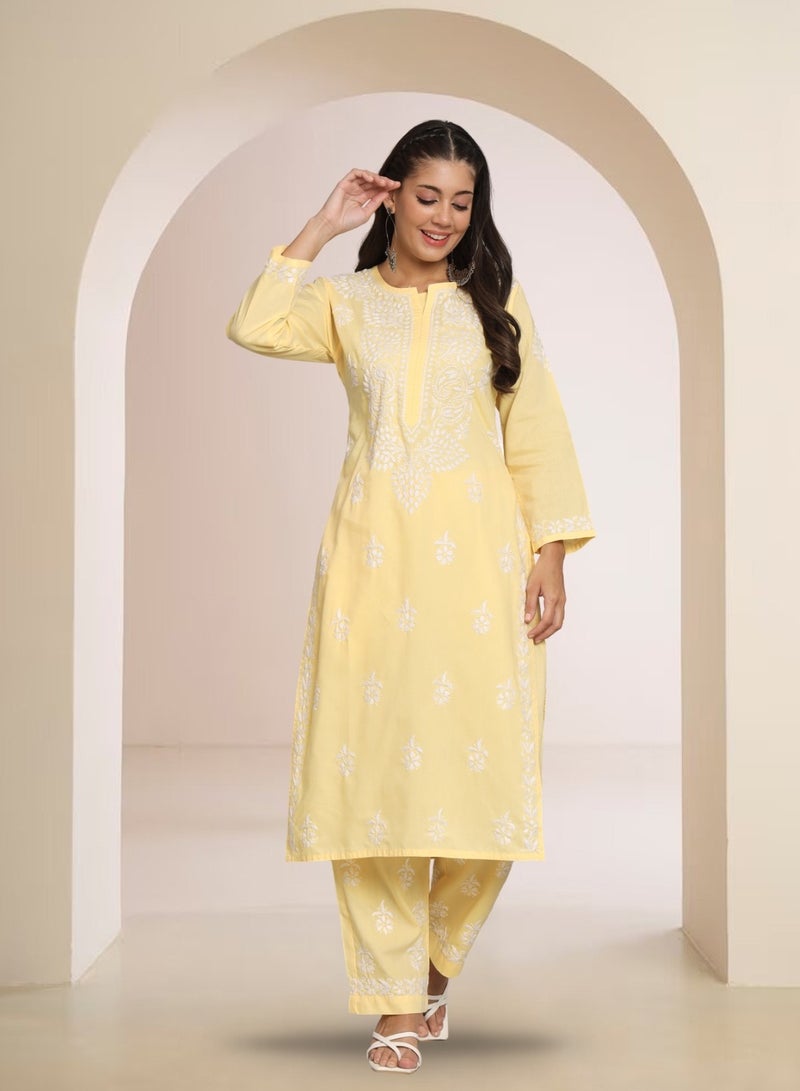 Women Hand Embroidered Chikankari Cotton Kurta Set-AL3674KS