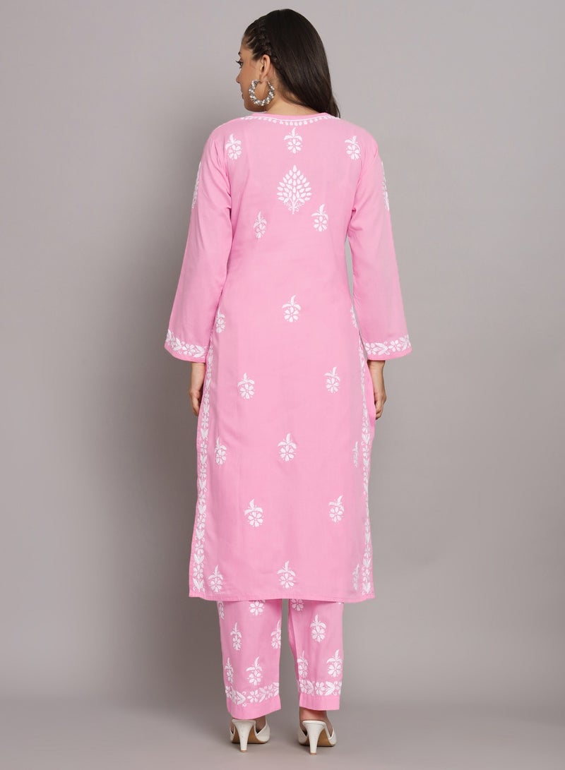 Women Hand Embroidered Chikankari Cotton Kurta Set-AL3674KS