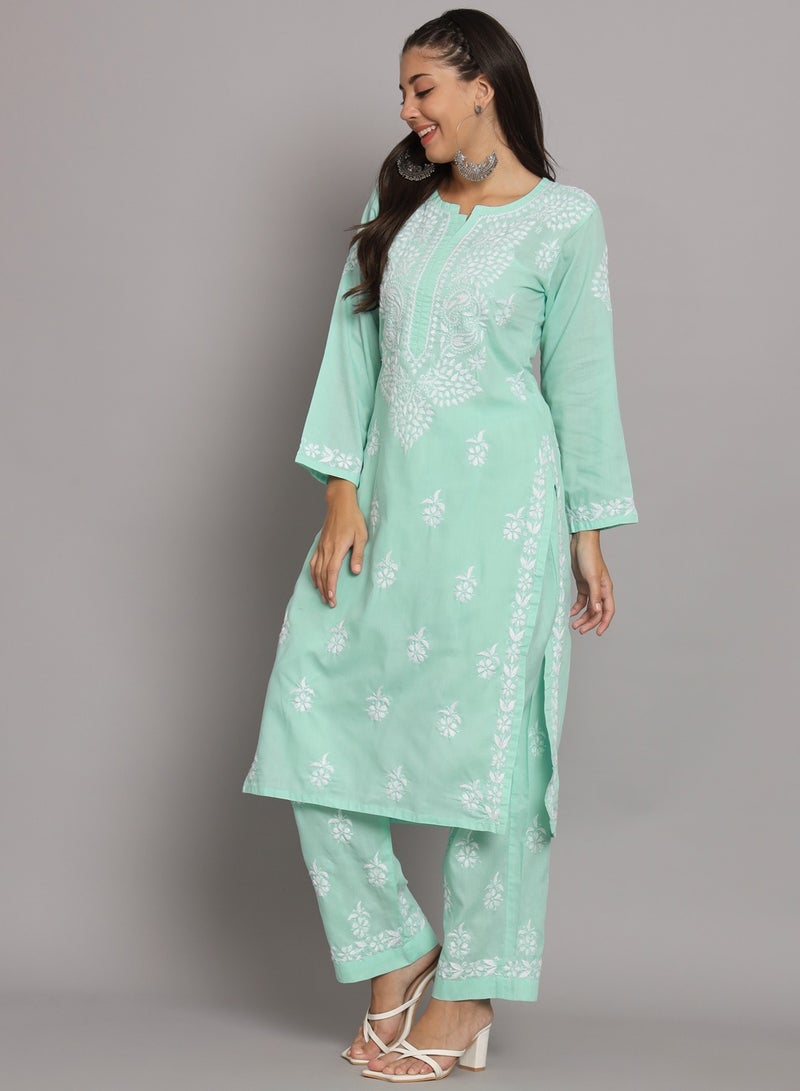 Women Hand Embroidered Chikankari Cotton Kurta Set-AL3674KS