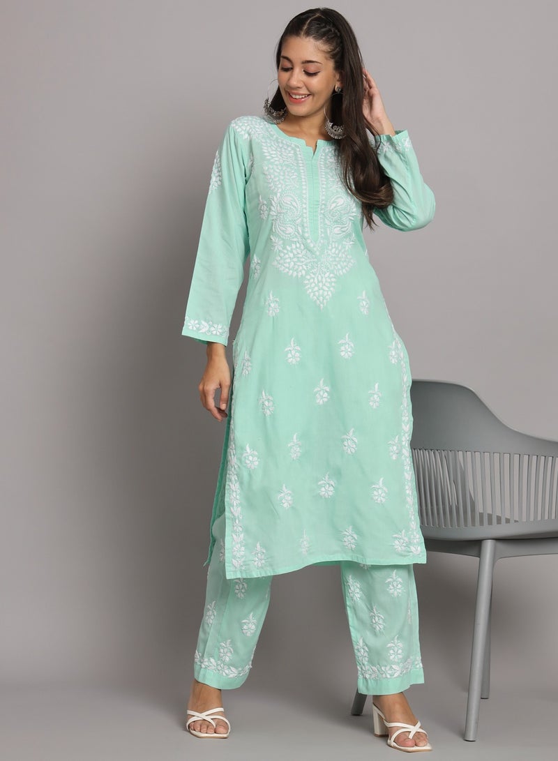 Women Hand Embroidered Chikankari Cotton Kurta Set-AL3674KS