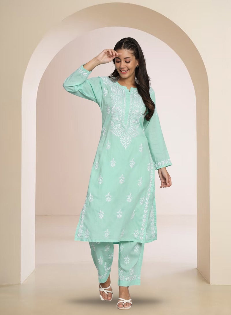 Women Hand Embroidered Chikankari Cotton Kurta Set-AL3674KS