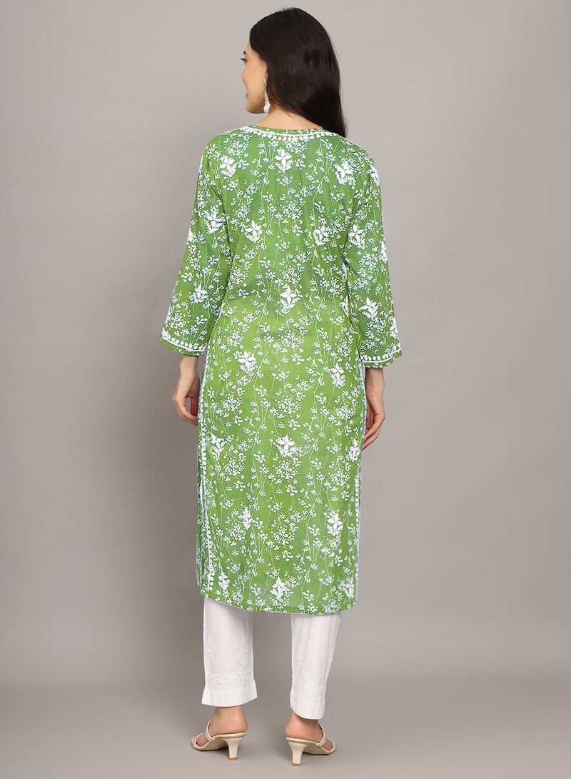 Women Hand Embroidered Chikankari Mulmul Cotton Printed Kurta-AL4041