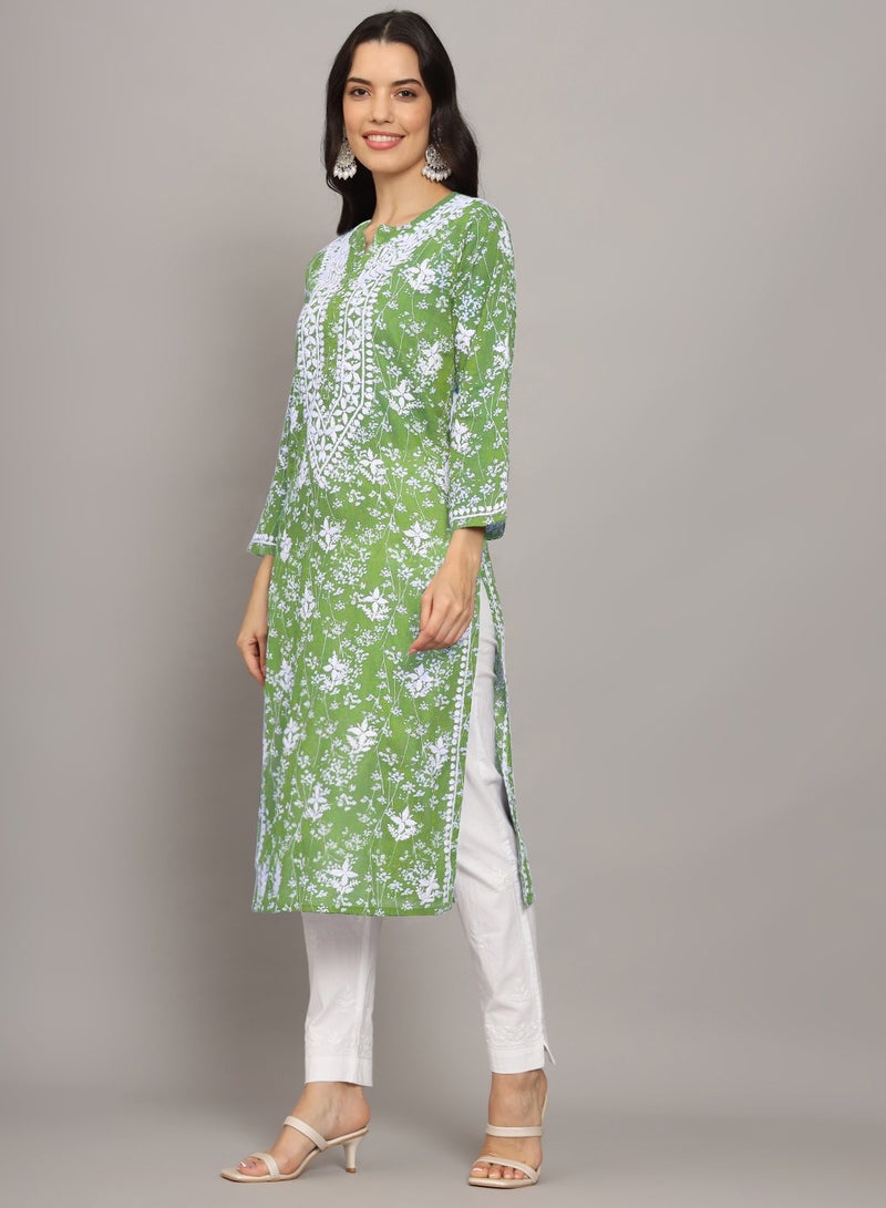 Women Hand Embroidered Chikankari Mulmul Cotton Printed Kurta-AL4041