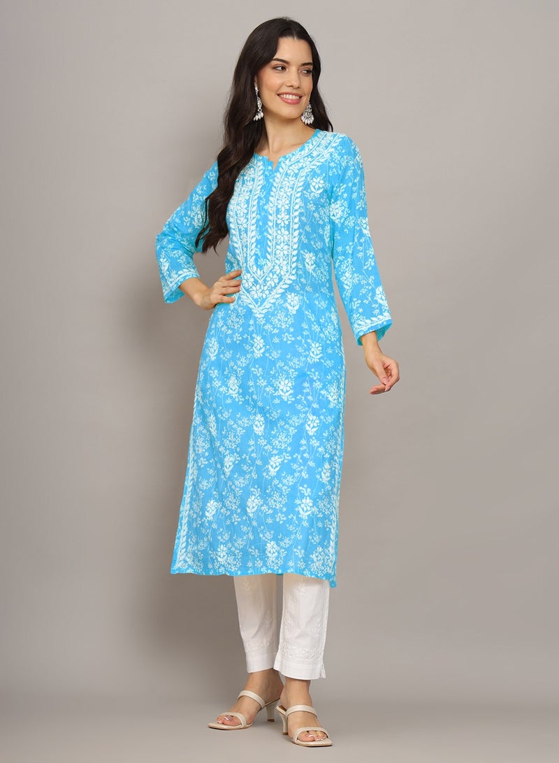 Women Hand Embroidered Chikankari Mulmul Cotton Printed Kurta-AL4041