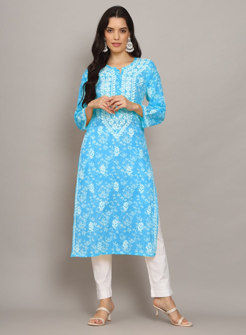 Women Hand Embroidered Chikankari Mulmul Cotton Printed Kurta-AL4041