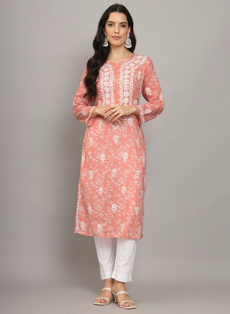 Women Hand Embroidered Chikankari Mulmul Cotton Printed Kurta-AL4041