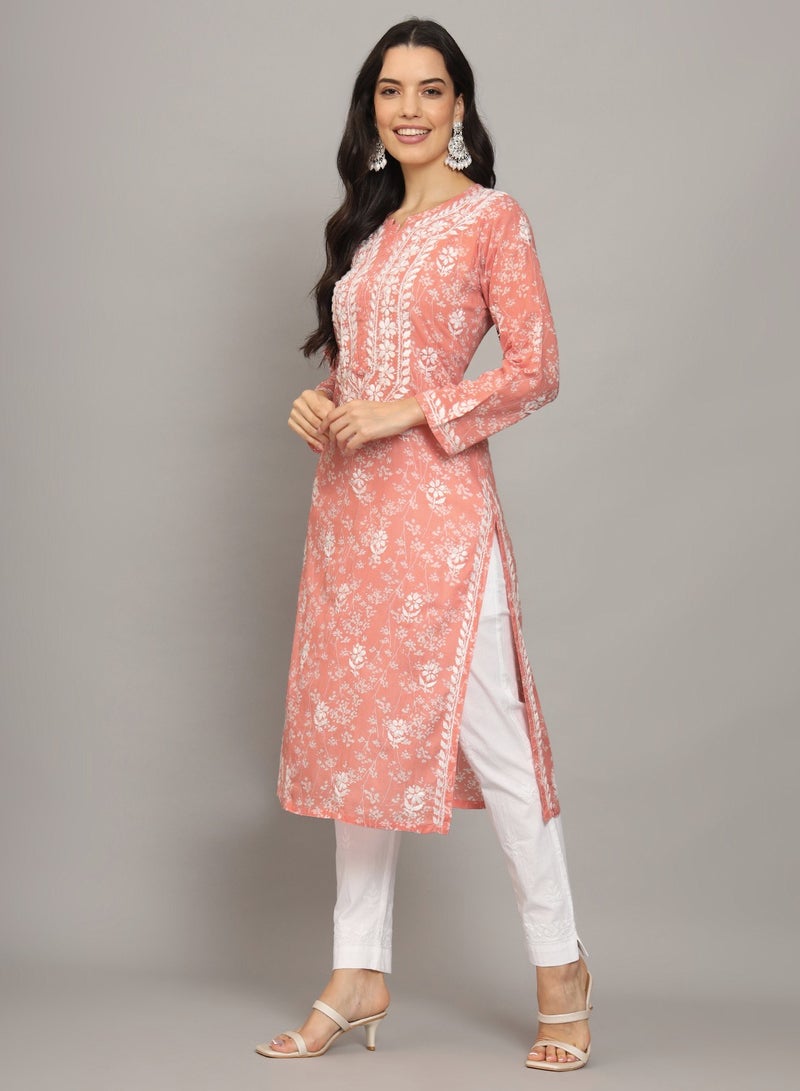 Women Hand Embroidered Chikankari Mulmul Cotton Printed Kurta-AL4041